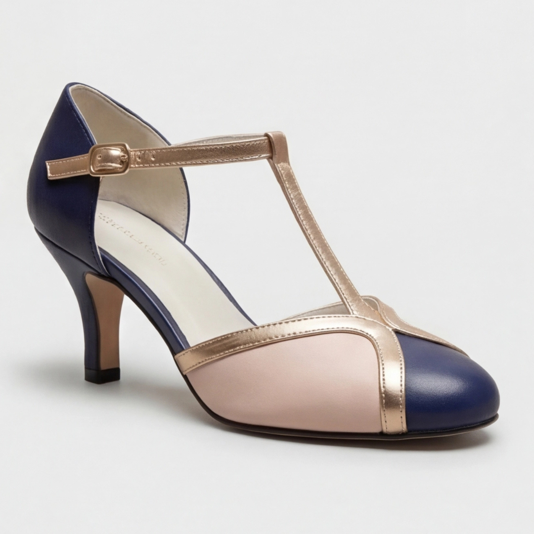 T Strap Cap Toe Buckle Kitten Heel Pumps