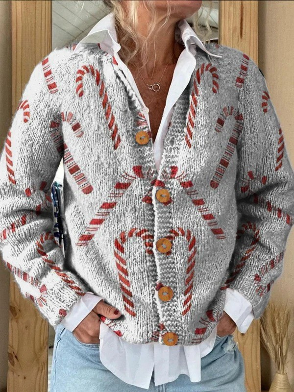 Candy Cane Print Button Front Collared Cardigan