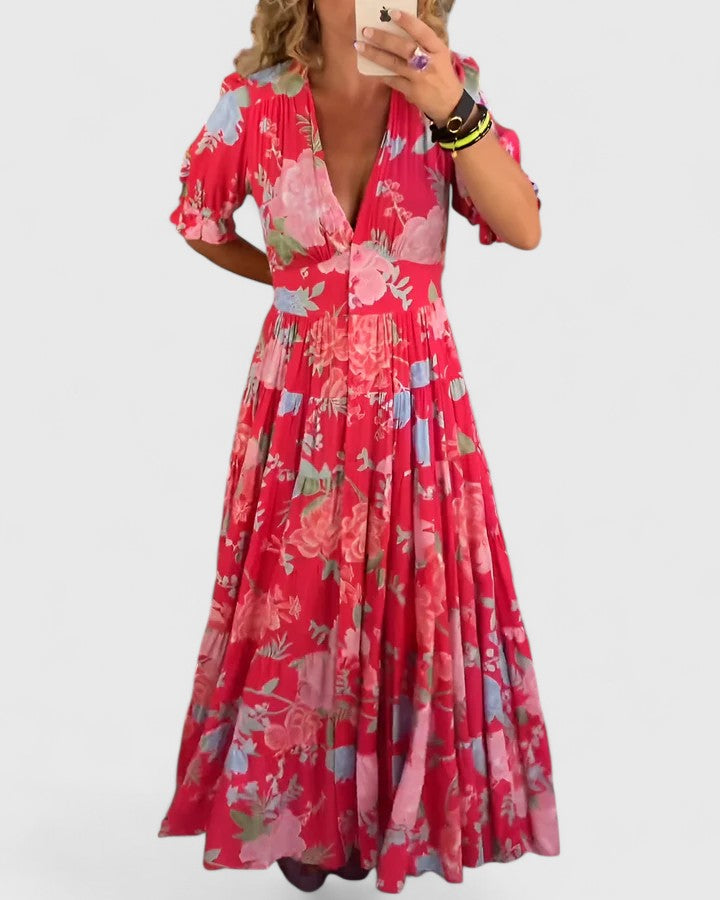 Floral Deep V-Neck Puff Sleeve Tiered Maxi Dress