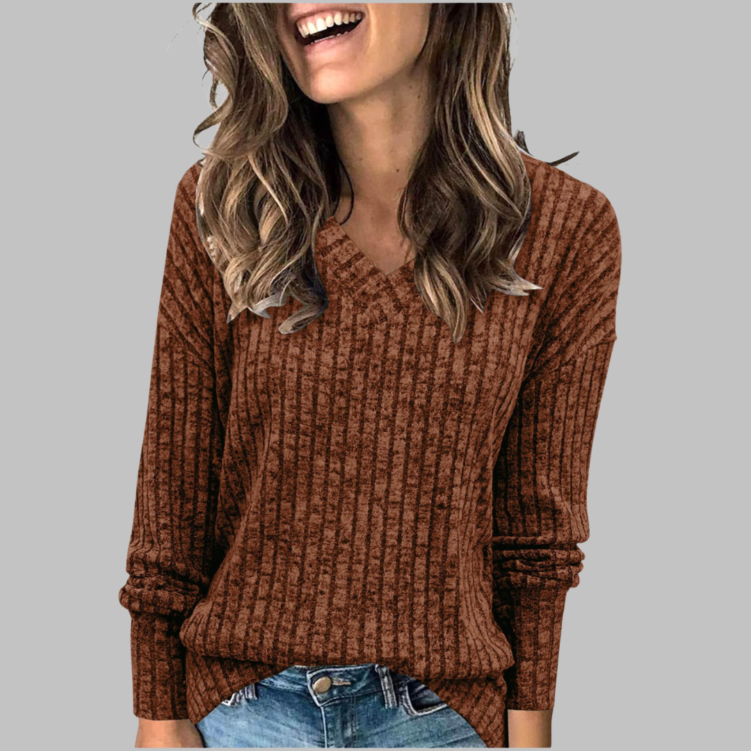 V-Neck Long Sleeve Ribbed Knit Sweater