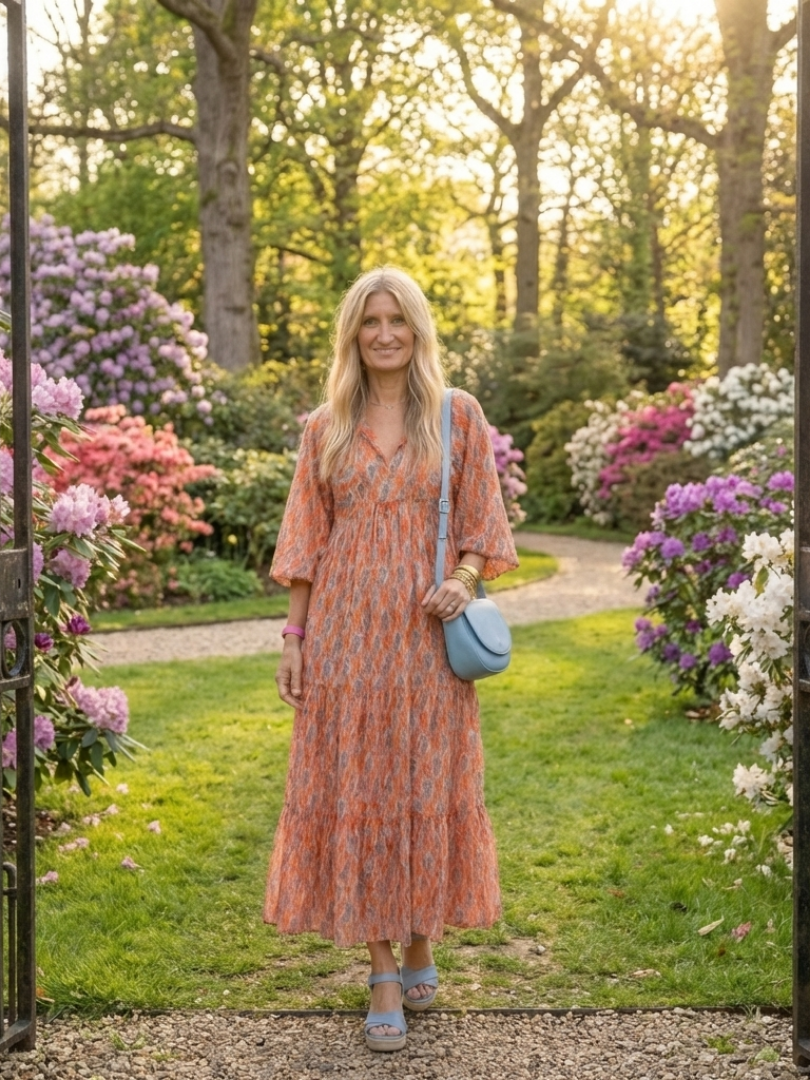 Ikat Print V-Neck Puff Sleeve Tiered Maxi Dress