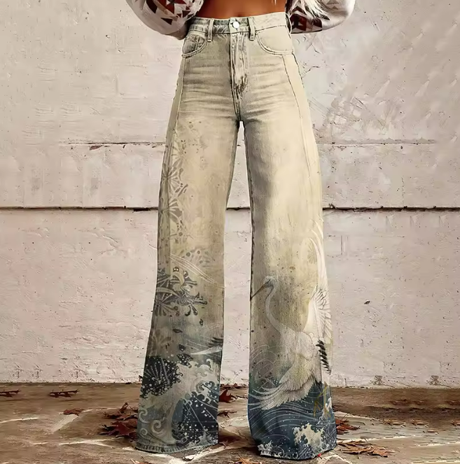 High Waist Crane Print Wide Leg Jeans