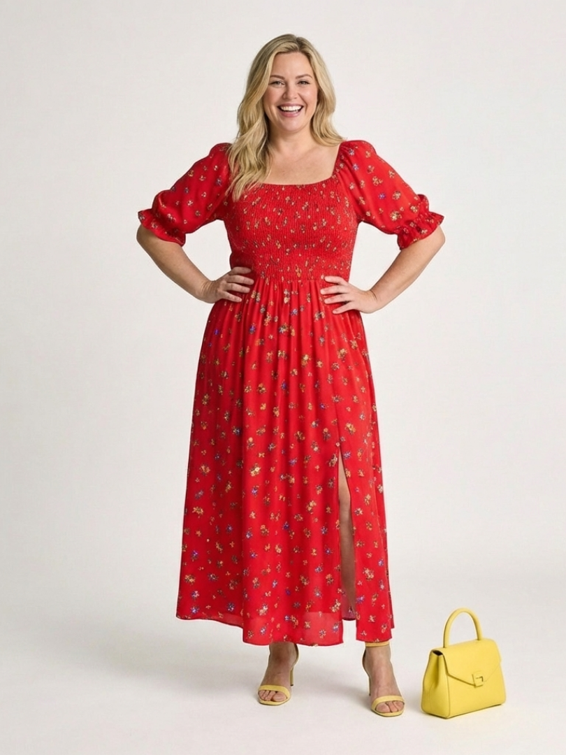 Floral Square Neck Puff Sleeve Smocked Midi Dress