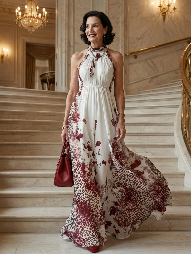 Halter Neck Floral Leopard Print Pleated Maxi Dress