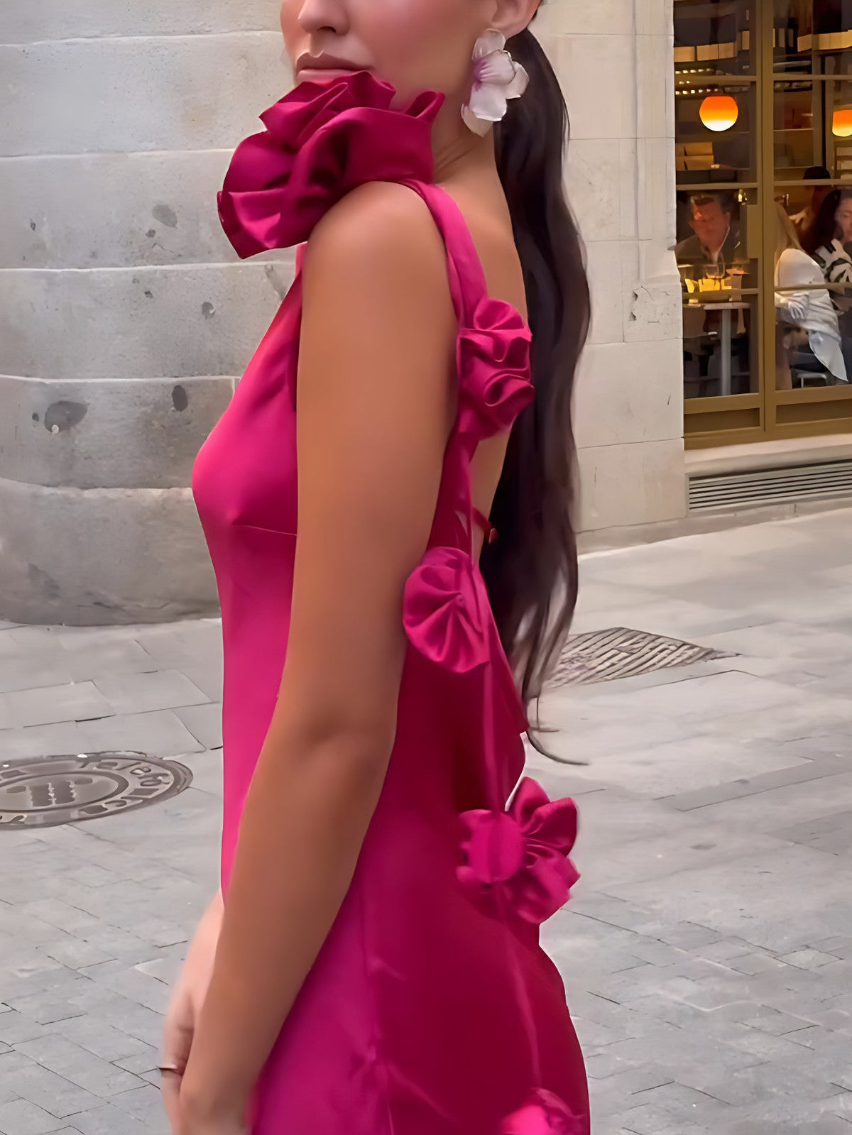 Satin Sleeveless Rosette Shoulder Detail Column Maxi Dress 5