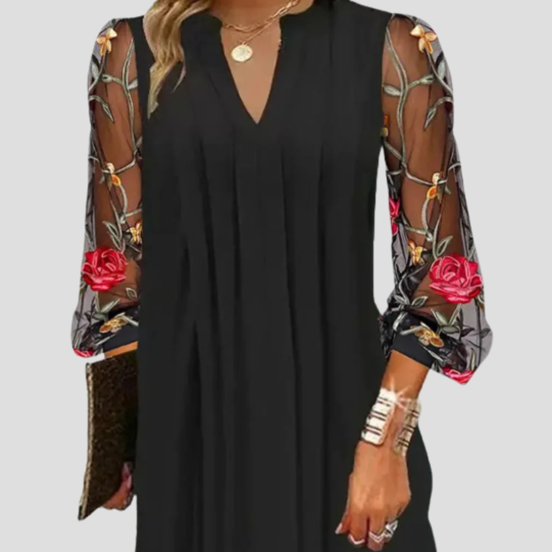 Embroidered Mesh Long Sleeve V-Neck Shift Dress 3