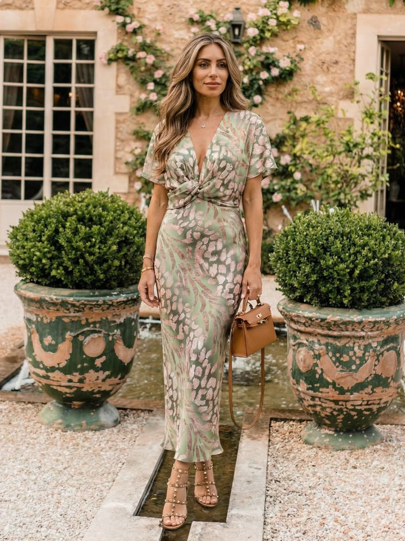Animal Print Deep V-Neck Twist Waist Midi Dress