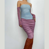 Mesh ruched contrast patchwork off shoulder maxi tube dress