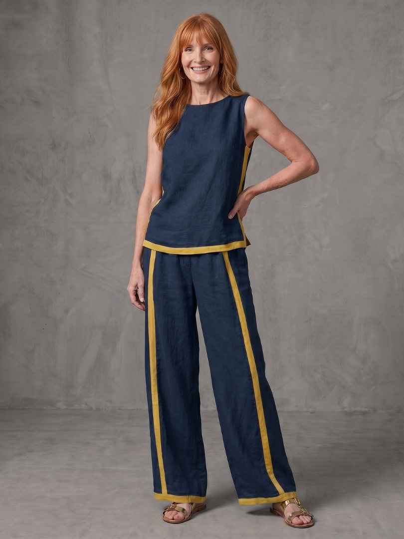 Sleeveless Top and Contrast Stripe Wide Leg Pants Two Piece Set