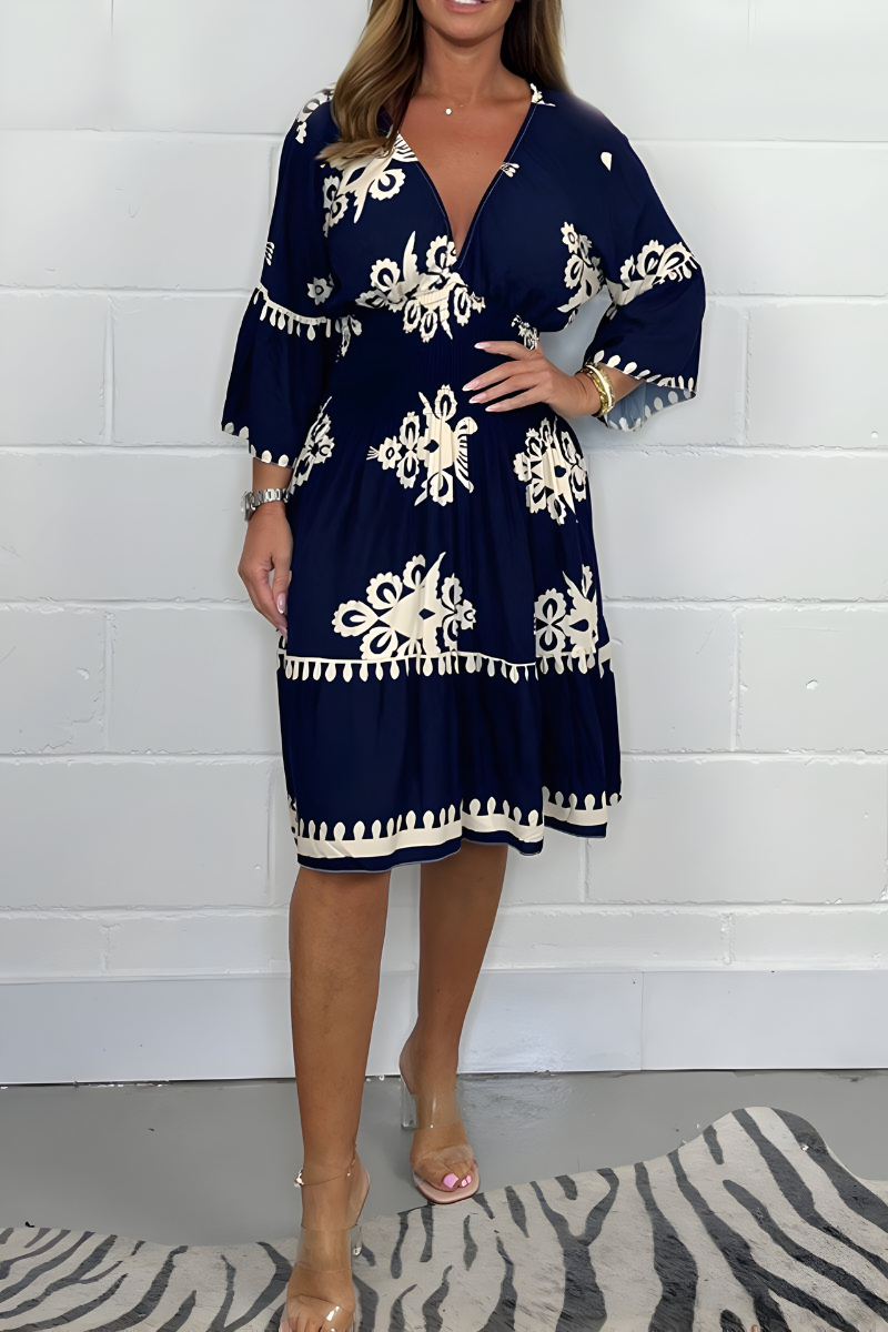 Folk Floral Print V-Neck Three Quarter Sleeve Tiered Midi Dress