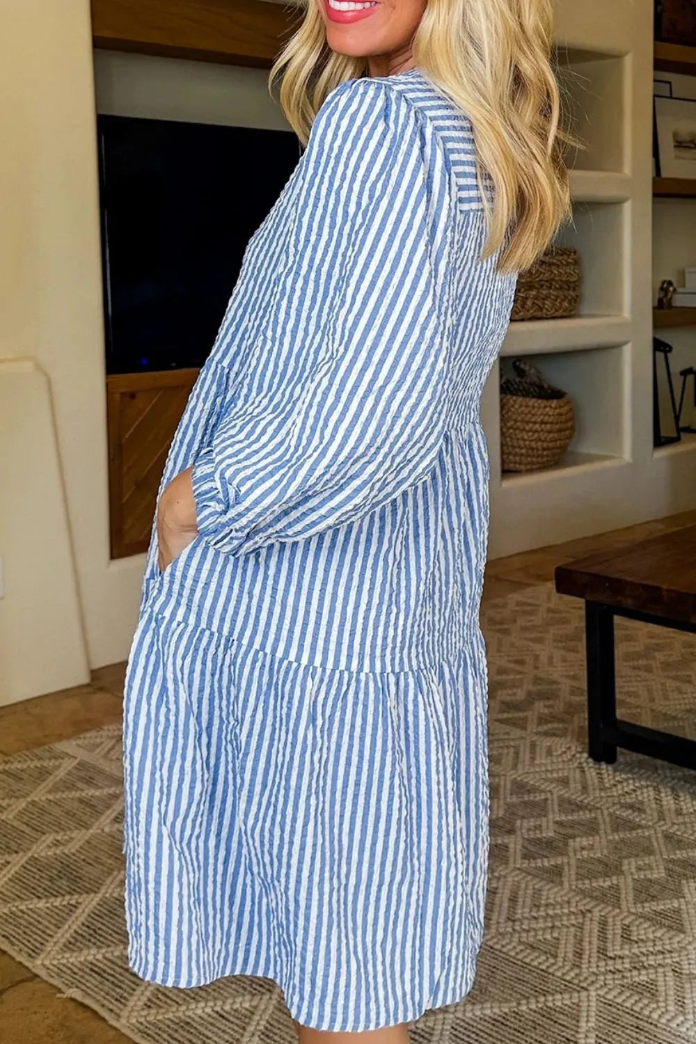 Striped Seersucker Notched Neck Balloon Sleeve Tiered Shift Dress with Pockets 5