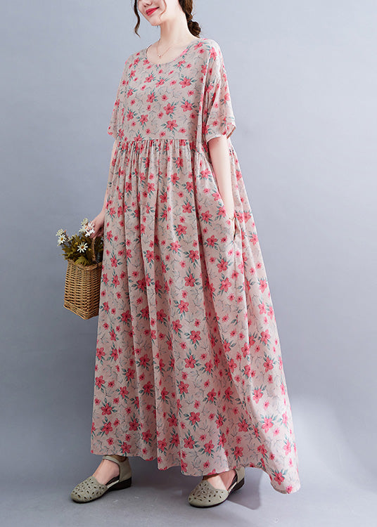 Floral Print Round Neck Short Puff Sleeve Empire Waist Pocket Maxi Dress