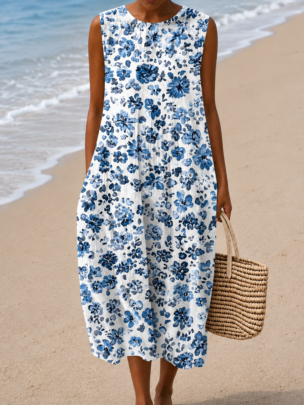 Floral Round Neck Sleeveless Pocket Midi Dress