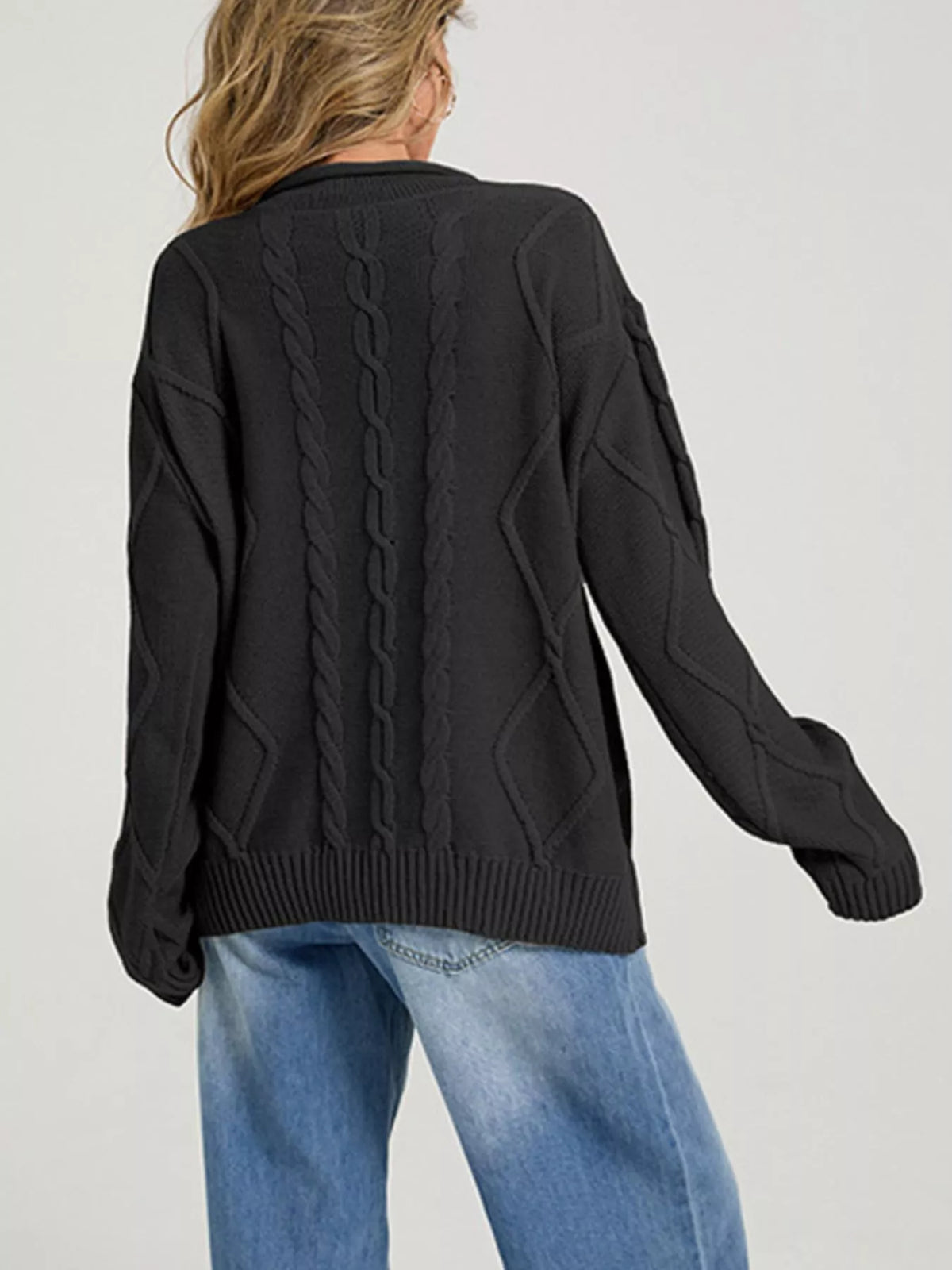 Crew Neck Long Sleeve Cable Knit Side Slit Oversized Sweater 8