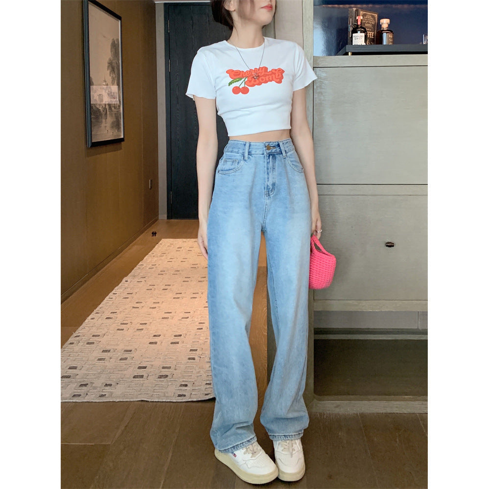 Light Blue Letter-Print Straight-Leg High-Rise Jeans