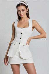 Square Neck Sleeveless Button Vest Bodycon Two Piece Work Set
