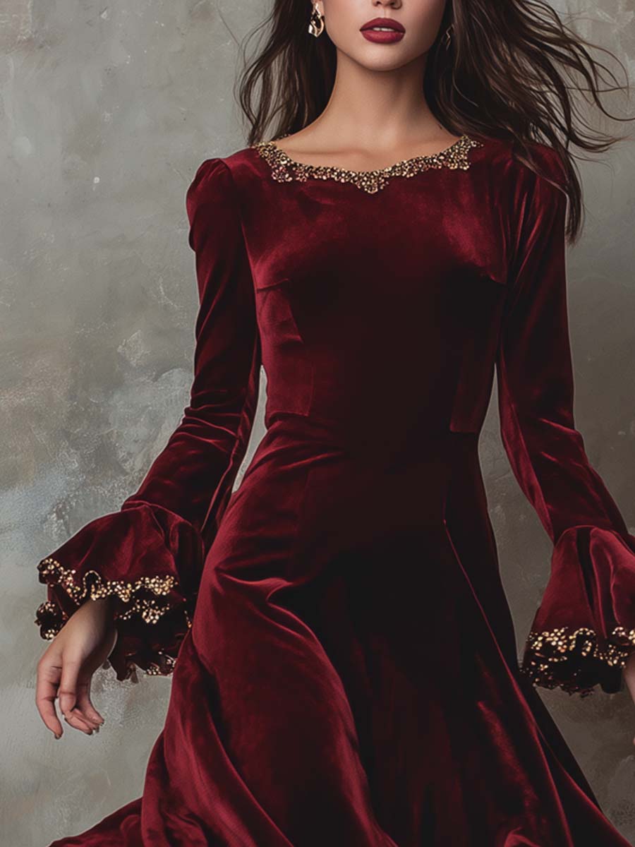 Vintage Gold Lace-trimmed Polyester Velvet Midi Dress - FashionAxe