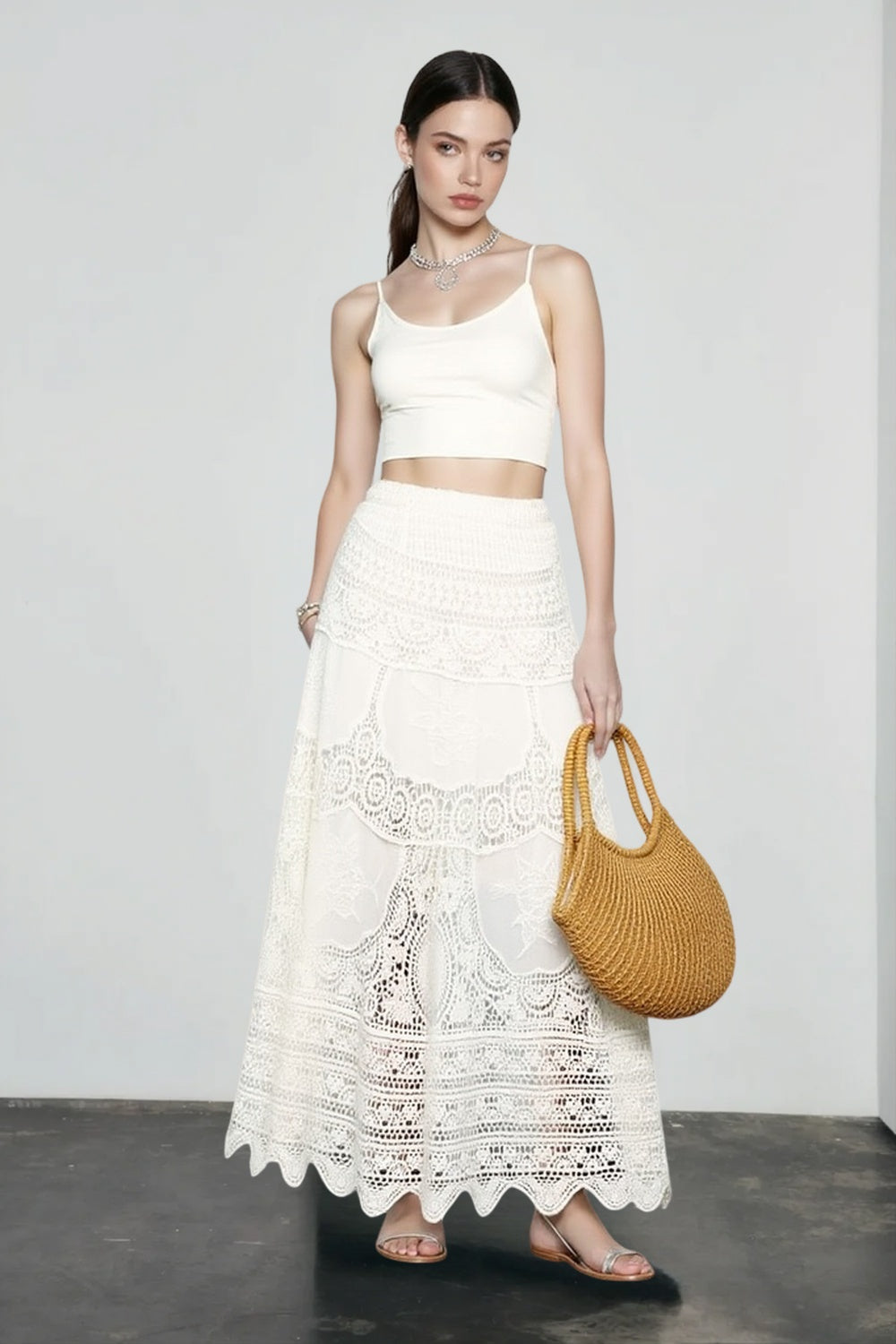 Crochet Lace Hollow Out Tiered Scalloped Hem Maxi Skirt 3