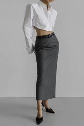 Wool Blazer Back Slit Midi Skirt