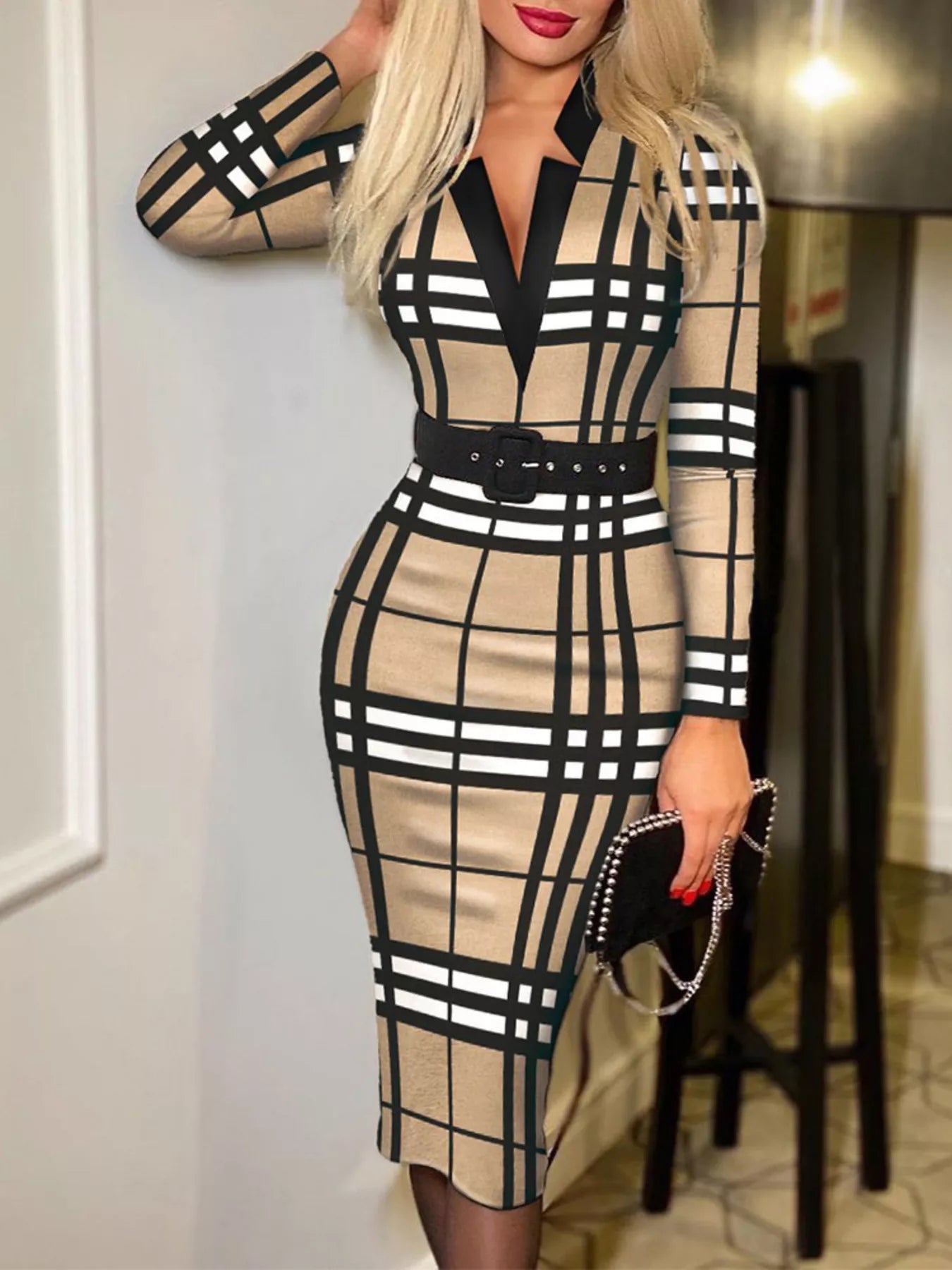 Full Size Notched Long Sleeve Dress Plus Size Tan