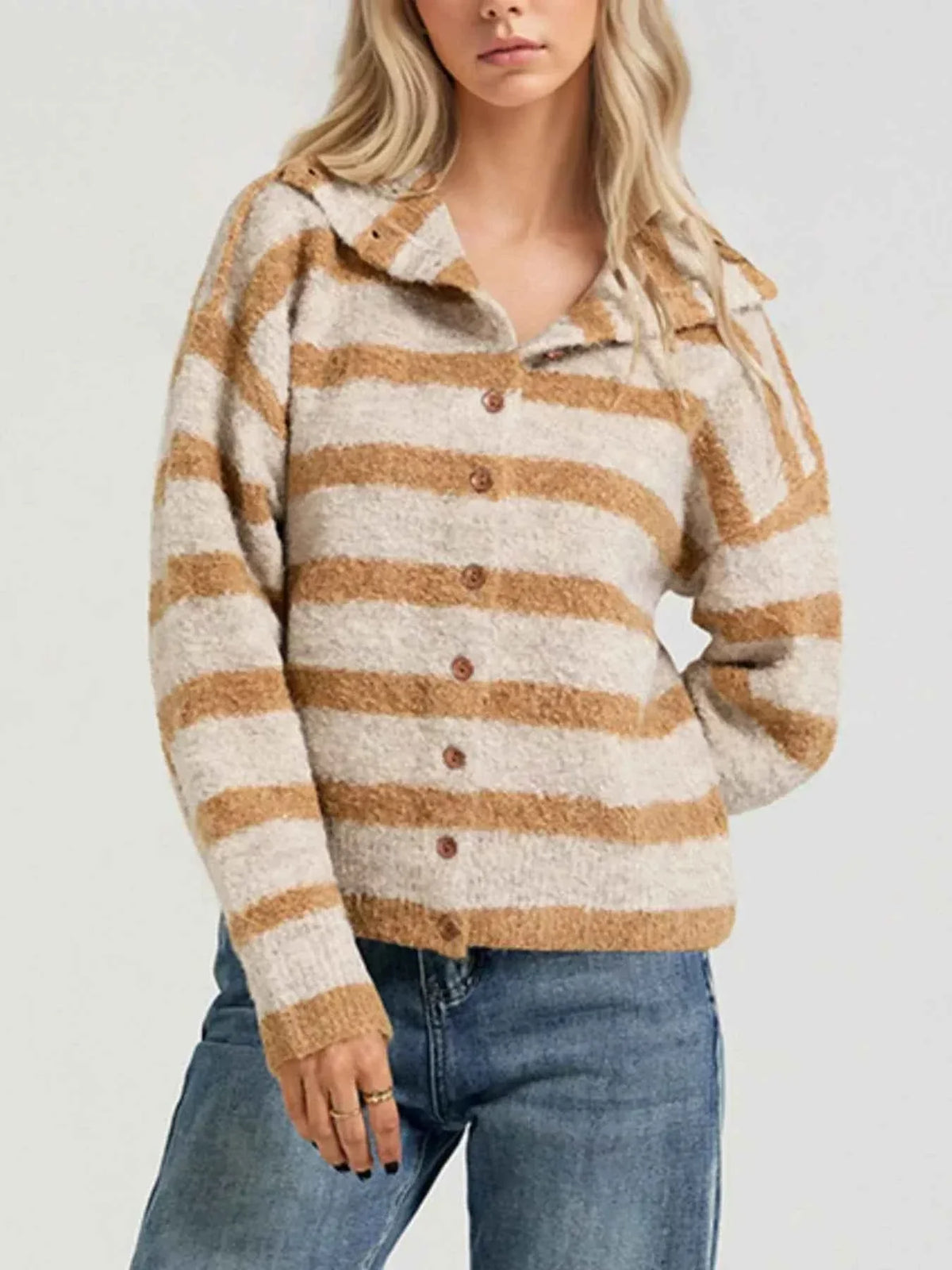 Striped Fuzzy Knit Collared Button Front Long Sleeve Cardigan