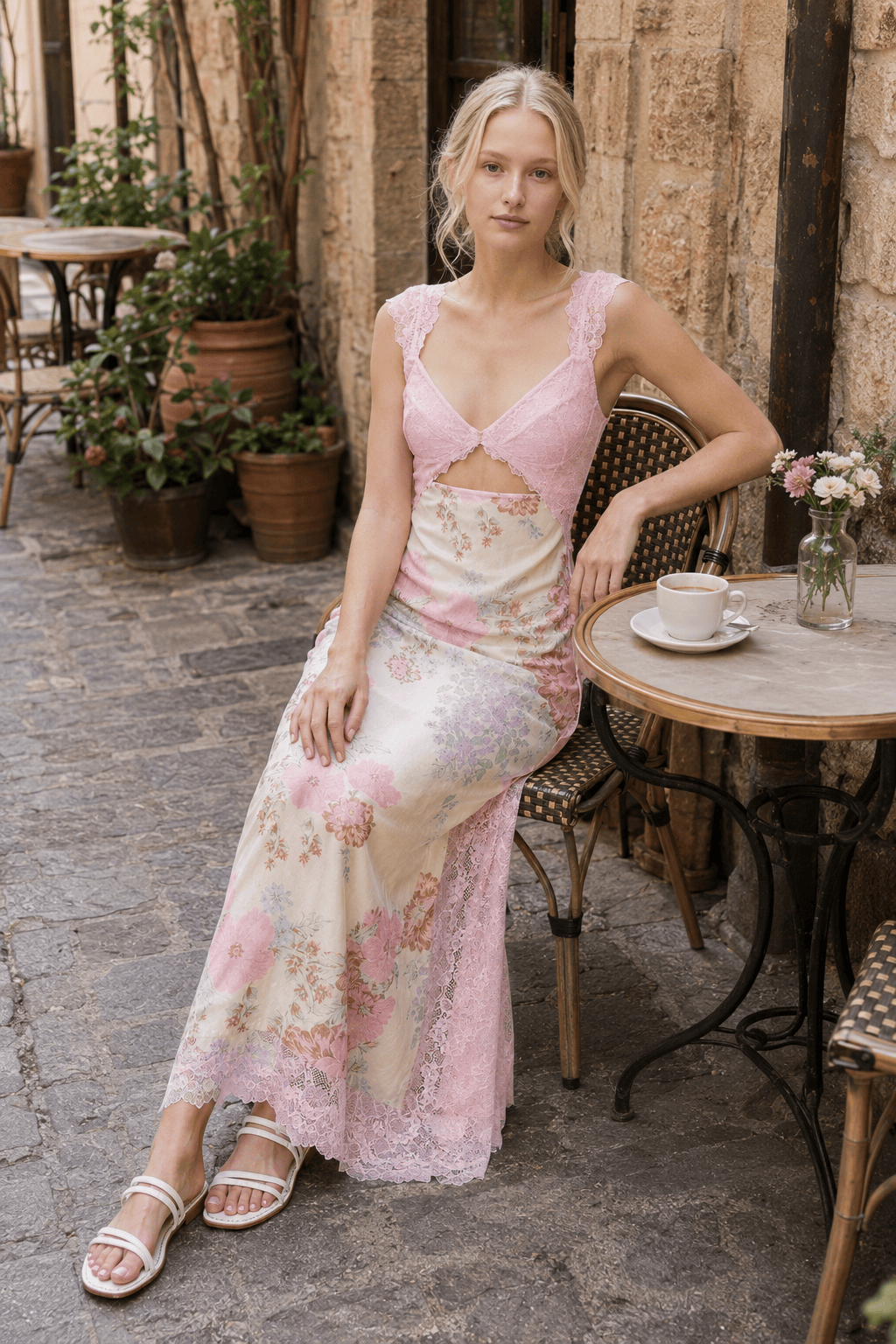 Patchwork Backless Lace Floral Maxi Dress
