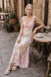 Lace Patchwork Strap Backless Slit Maxi Floral Dress