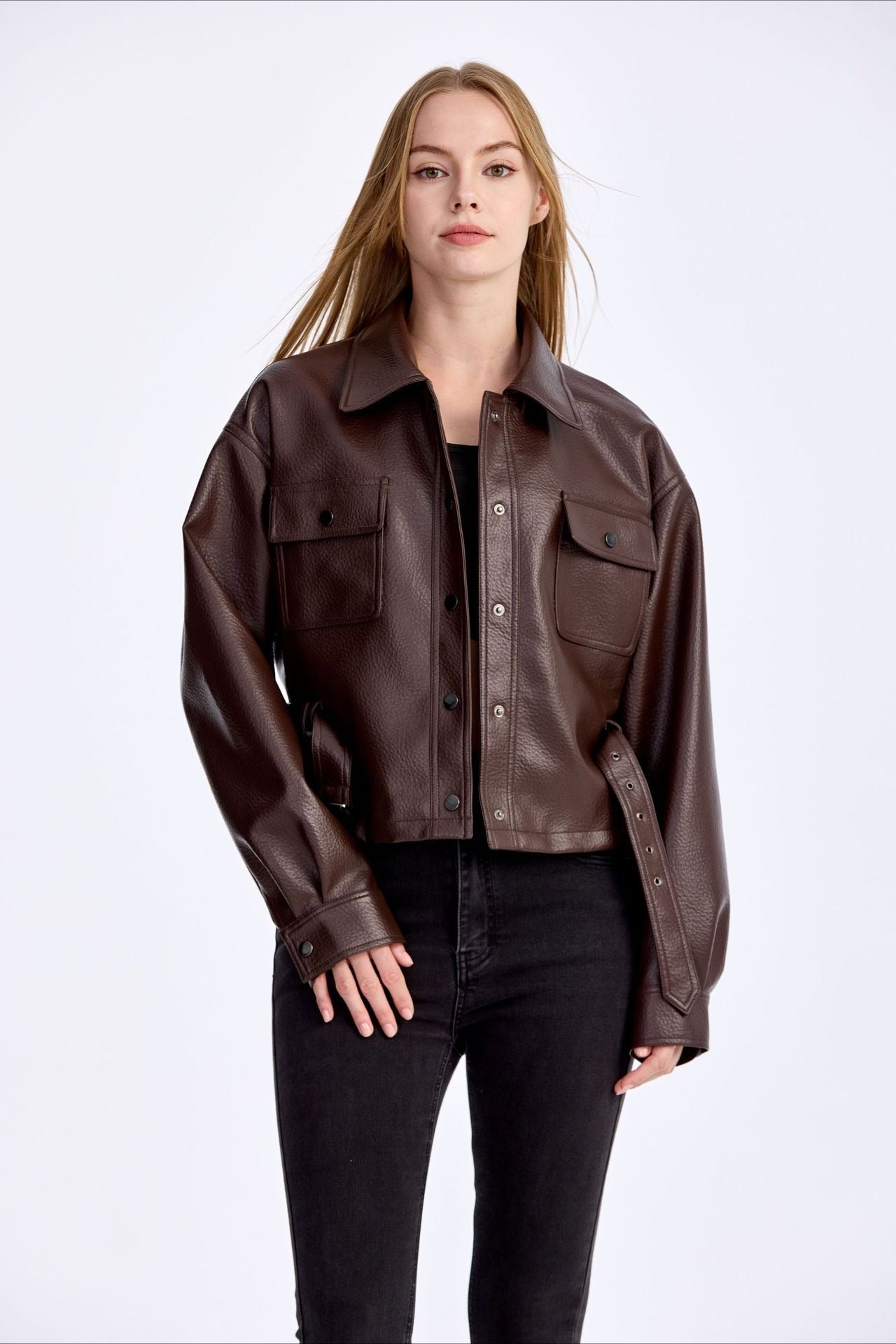 Cropped PU Notch Collar Jacket