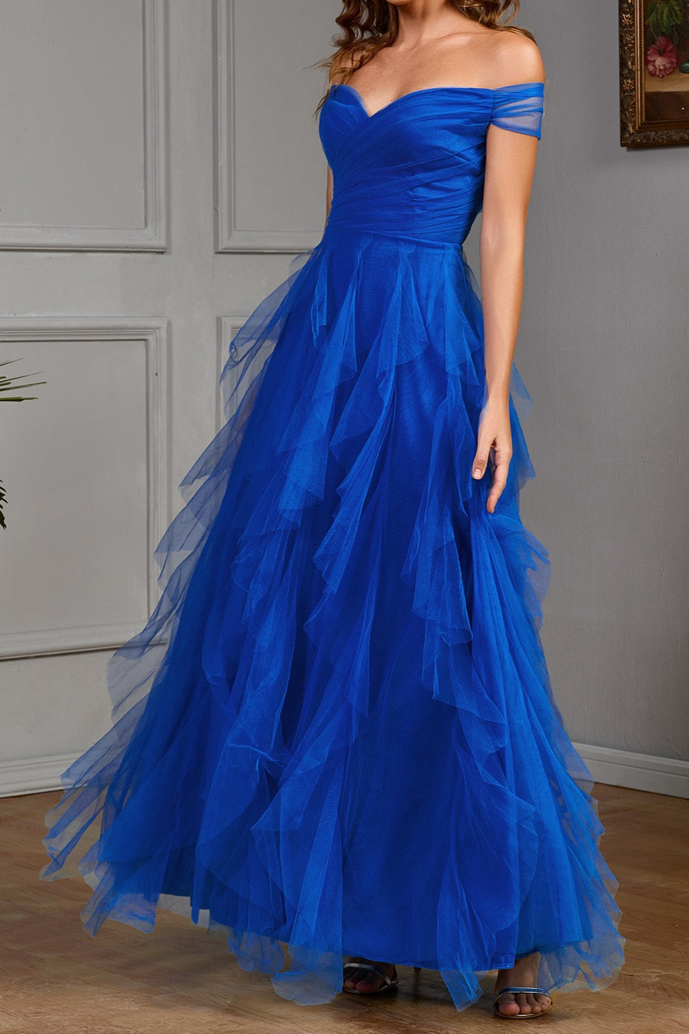 Off Shoulder Sweetheart Ruched Tiered Tulle A-Line Maxi Gown