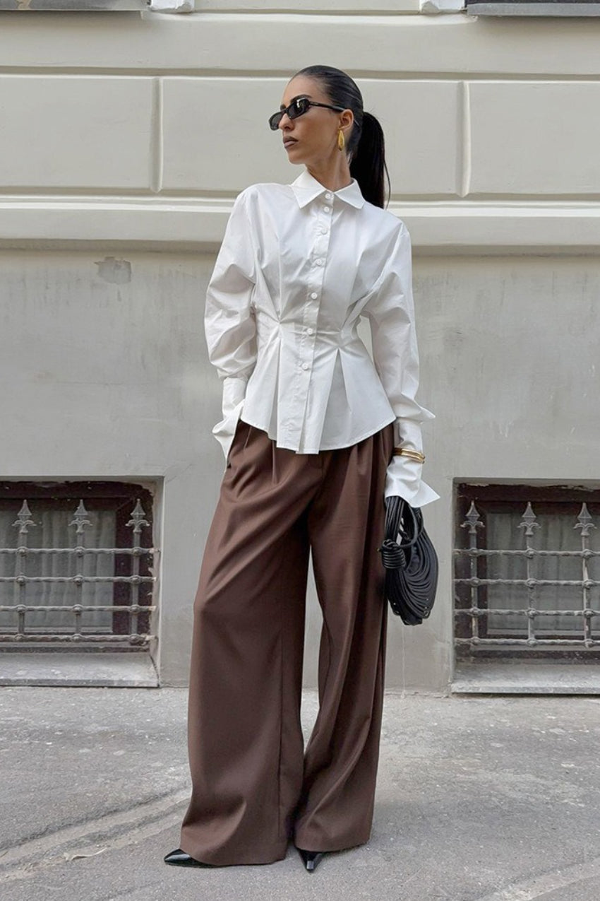 Collared Long Sleeve Pleated Cinched Waist Button Front Shirt