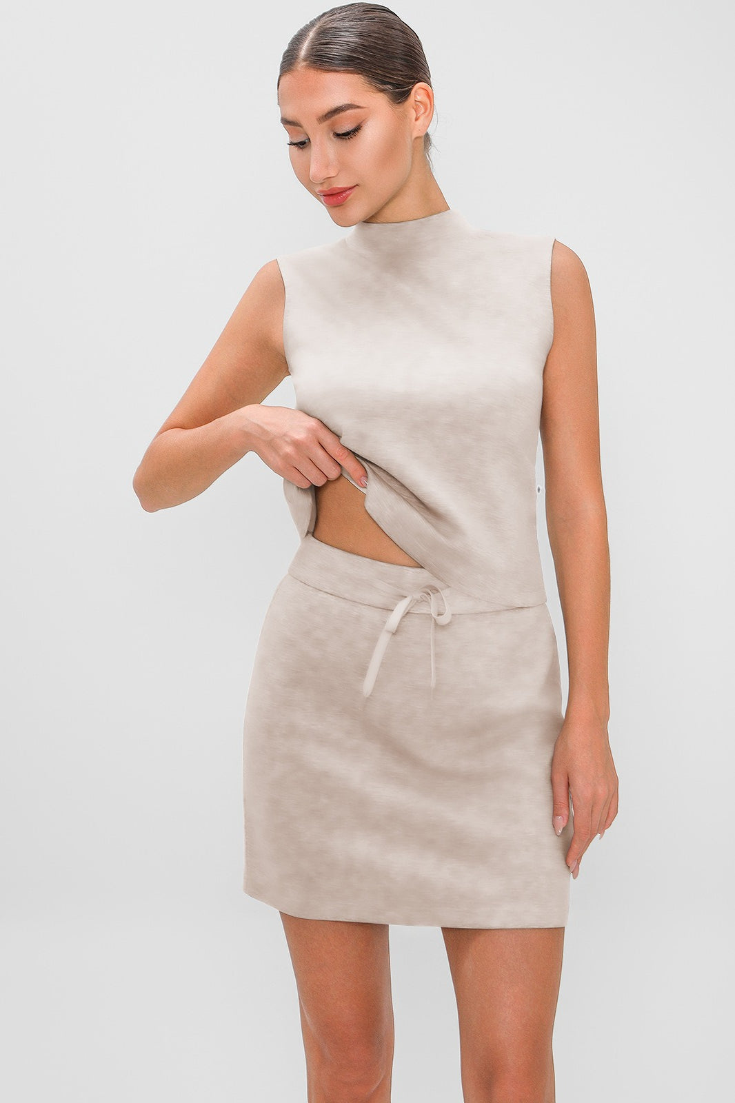 Mock Neck Sleeveless Top and Drawstring Mini Skirt Two Piece Set 3