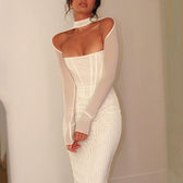 Mesh Long Sleeve Corset Off Shoulder Bodycon Maxi Dress 4