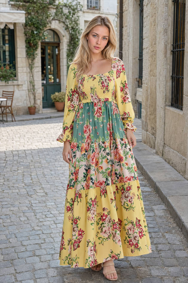 Patchwork Puff Sleeve Boho Dress