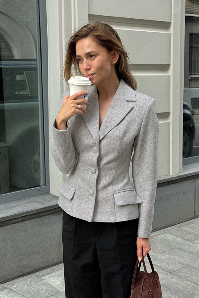 Notch Lapel Three Button Flap Pocket Fitted Waist Blazer