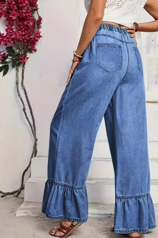 High Waist Ruffle Hem Wide Leg Loose Denim Jeans 3