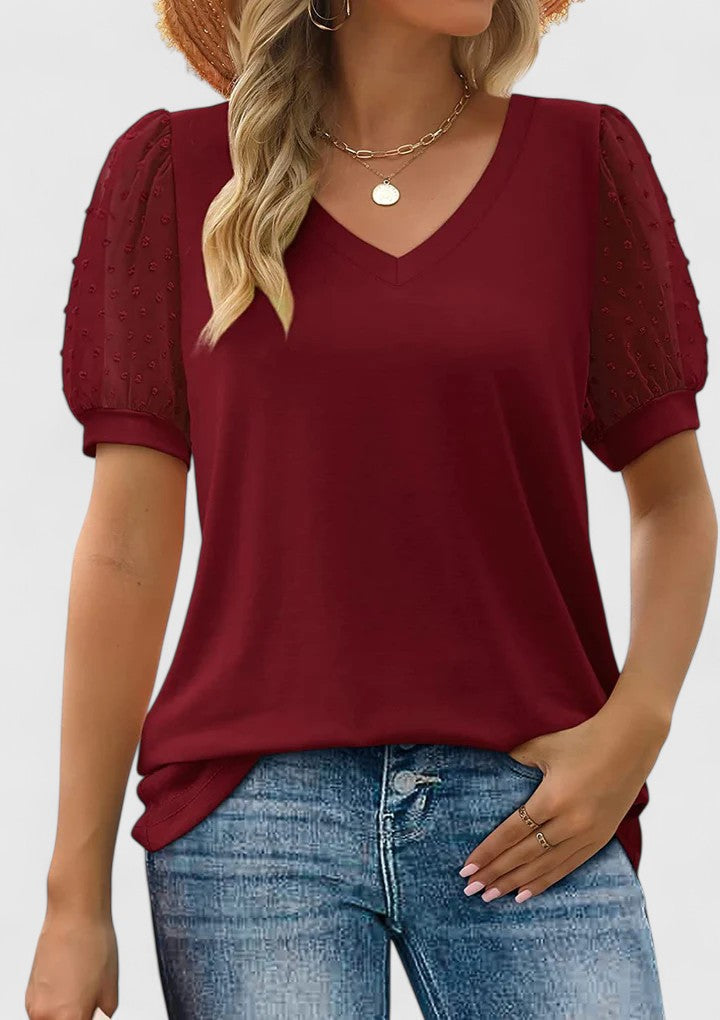 V-Neck Swiss Dot Mesh Puff Short Sleeve Top