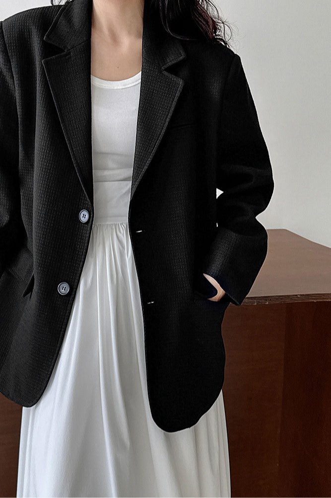 Waffle Textured Notch Lapel Two Button Oversized Blazer 7