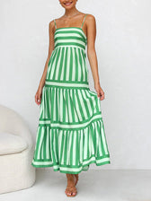 Suspender Open Back Striped Graceful Positioning Print Pocket Midi Dress Green / S Dresses