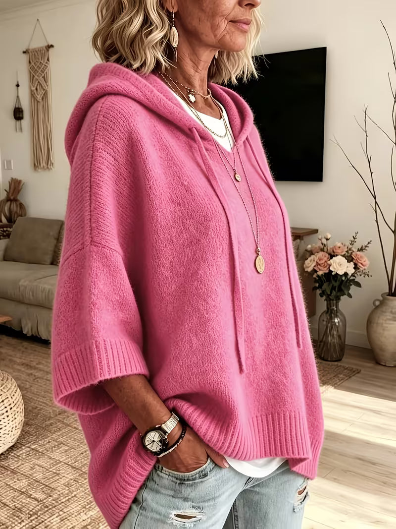 Hooded Drawstring Oversized Knit Poncho Sweater