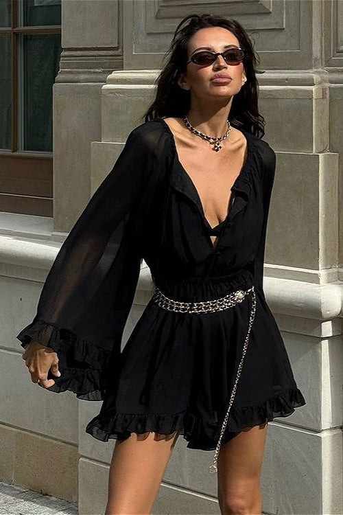 Sheer Bell Sleeve V-Neck Elastic Waist Ruffle Hem Mini Dress