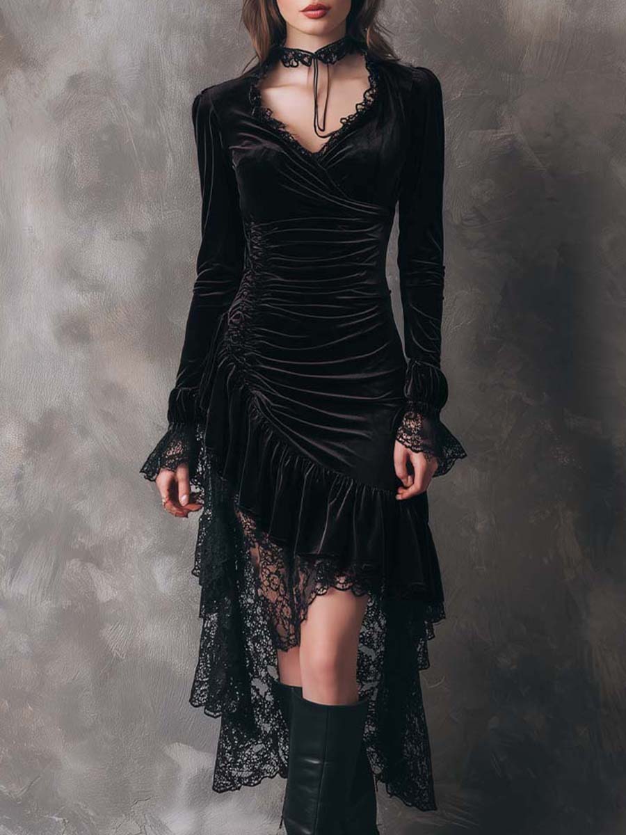 Gothic Velvet Pleated Detail High And Low Hem Lace Dress