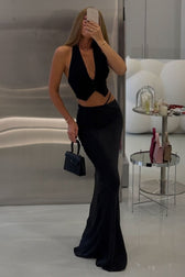 Elegant Slim Fit Solid High Waist Maxi Skirt