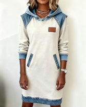 Hooded Long Sleeve Denim Patchwork Mini Dress Pocket 16