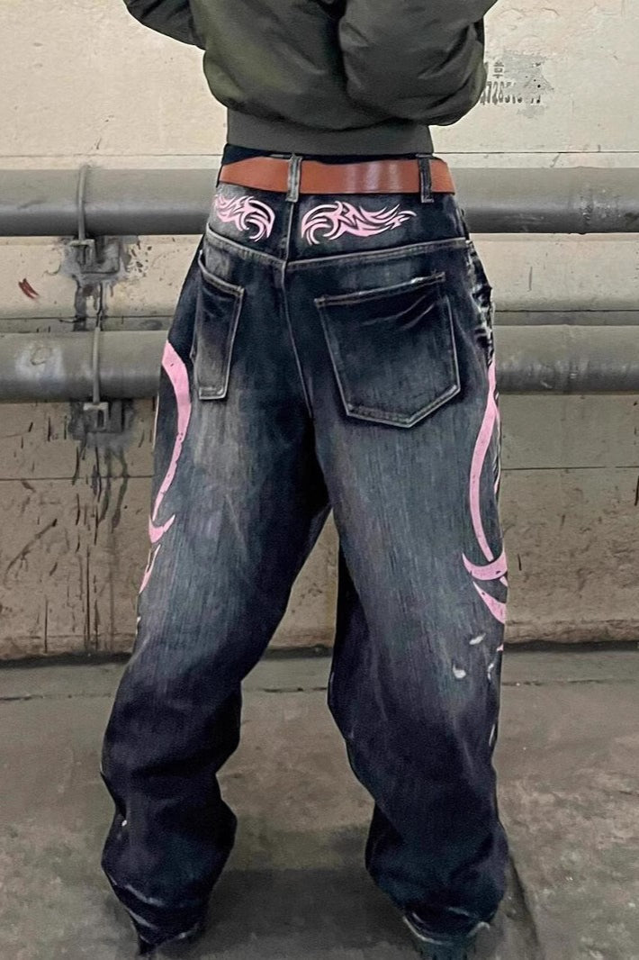 Vintage Washed Distressed Wide-Leg Denim Jeans
