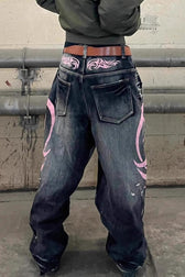 Vintage Washed Distressed Wide-Leg Denim Jeans