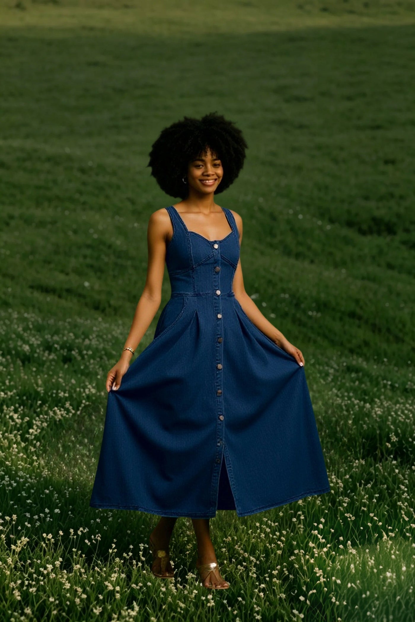 Washed Button Front Cami Denim Dress