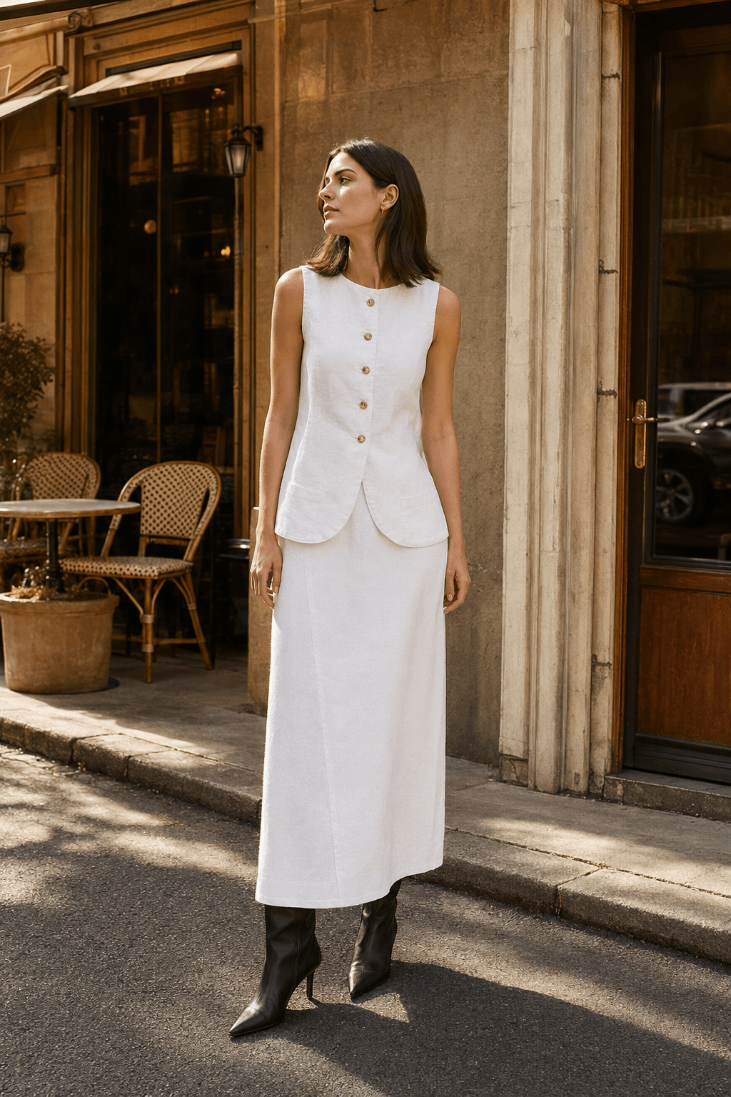 White Square Neck Sleeveless Vest Skirt Work Set