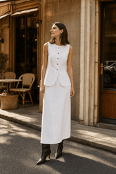 White Square Neck Sleeveless Vest Skirt Work Set