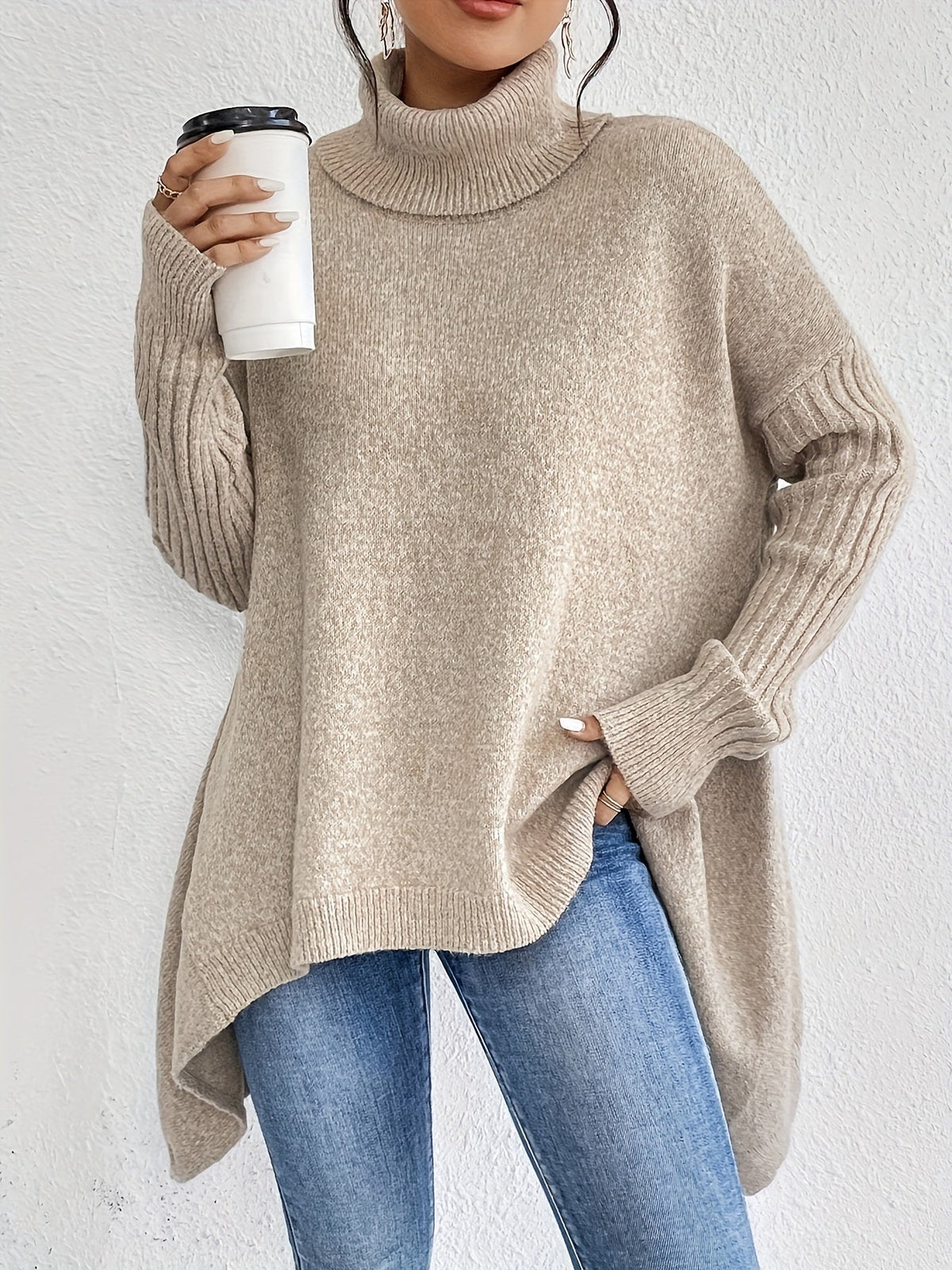 Turtleneck Oversized High Low Tunic Sweater