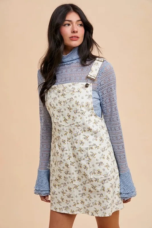 Ditsy Floral Print Denim-Look Buckle Strap Overall Mini Dress